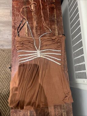 Sky Brown Rhinestone Halter Top